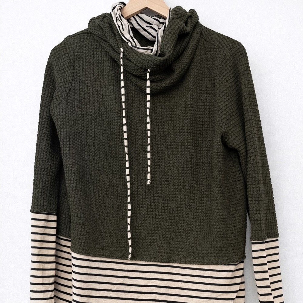 BIB Long Sleeve Waffle Knit Hoodie Tunic Top Olive Green Striped Size M